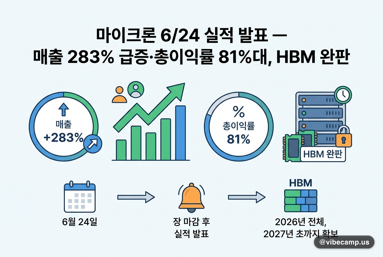 마이크론 6/24 실적 발표 — 매출 283% 급증·총이익률 81%대, HBM 완판