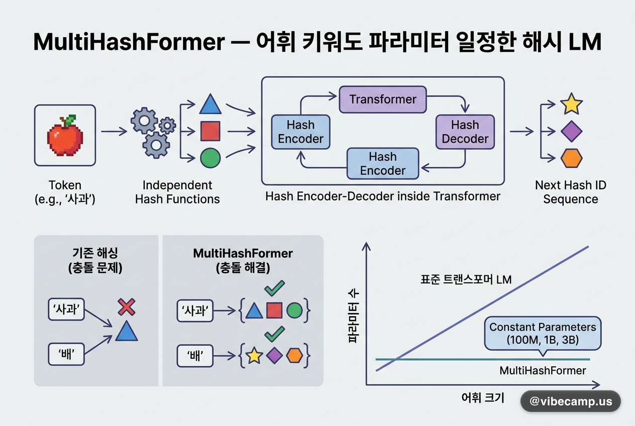 MultiHashFormer — 어휘 키워도 파라미터 일정한 해시 LM