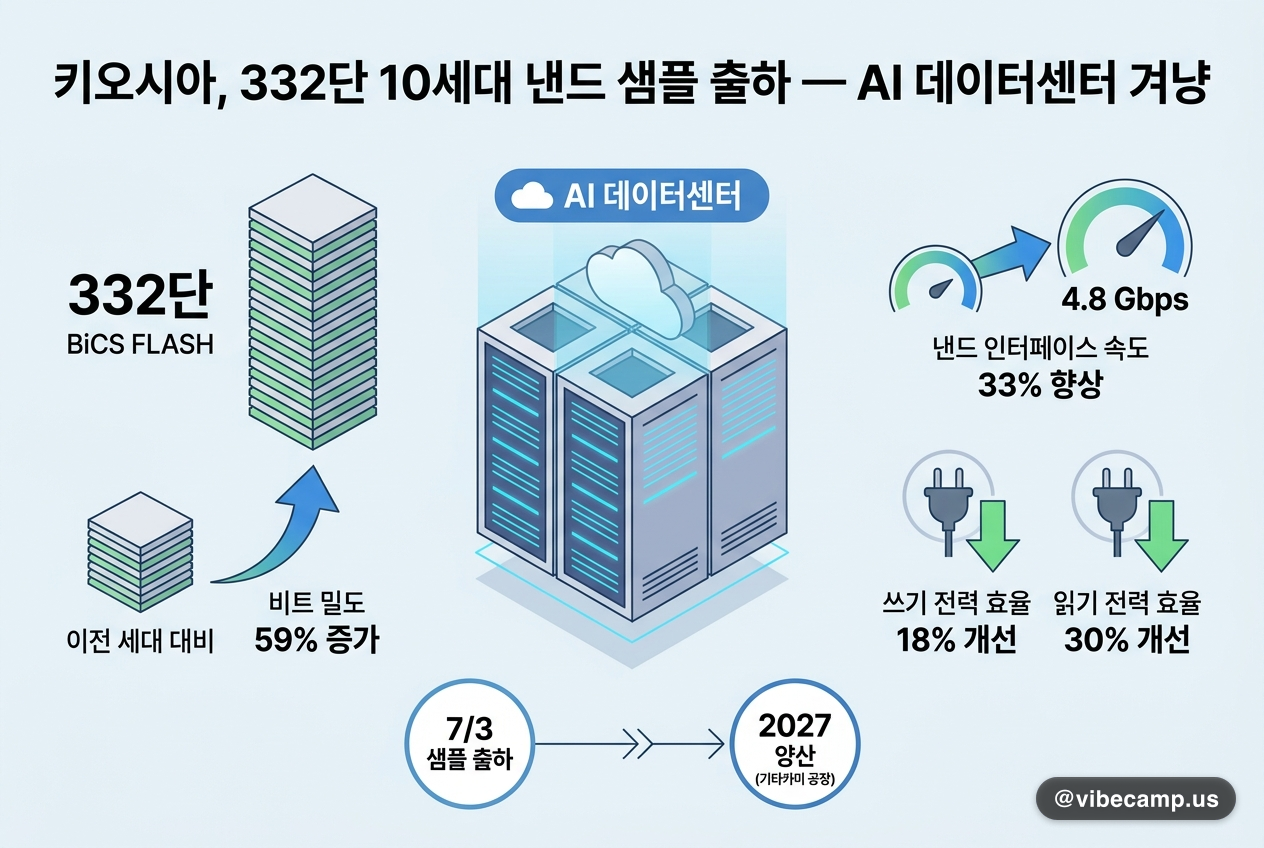 키오시아, 332단 10세대 낸드 샘플 출하 — AI 데이터센터 겨냥