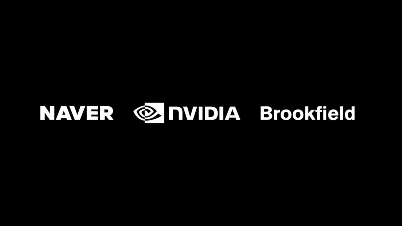 검정 배경에 NAVER, NVIDIA, Brookfield 세 회사 로고가 나란히 놓인 파트너십 로고 락업 이미지