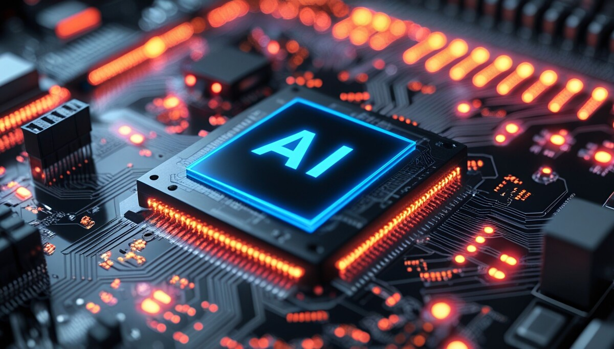 회로 기판 한가운데 놓인 반도체 칩 위로 'AI' 글자가 파랗게 빛나는 렌더링 이미지