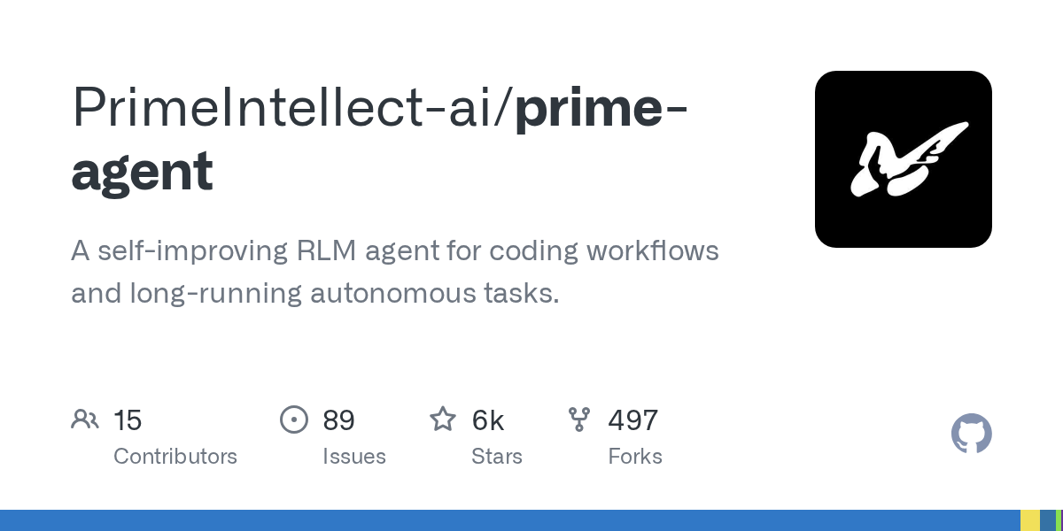 PrimeIntellect-ai/prime-agent GitHub 저장소 카드 — '코딩 워크플로와 장기 자율 작업을 위한 자기개선 RLM 에이전트', 스타 6k · 포크 497 · 기여자 15명