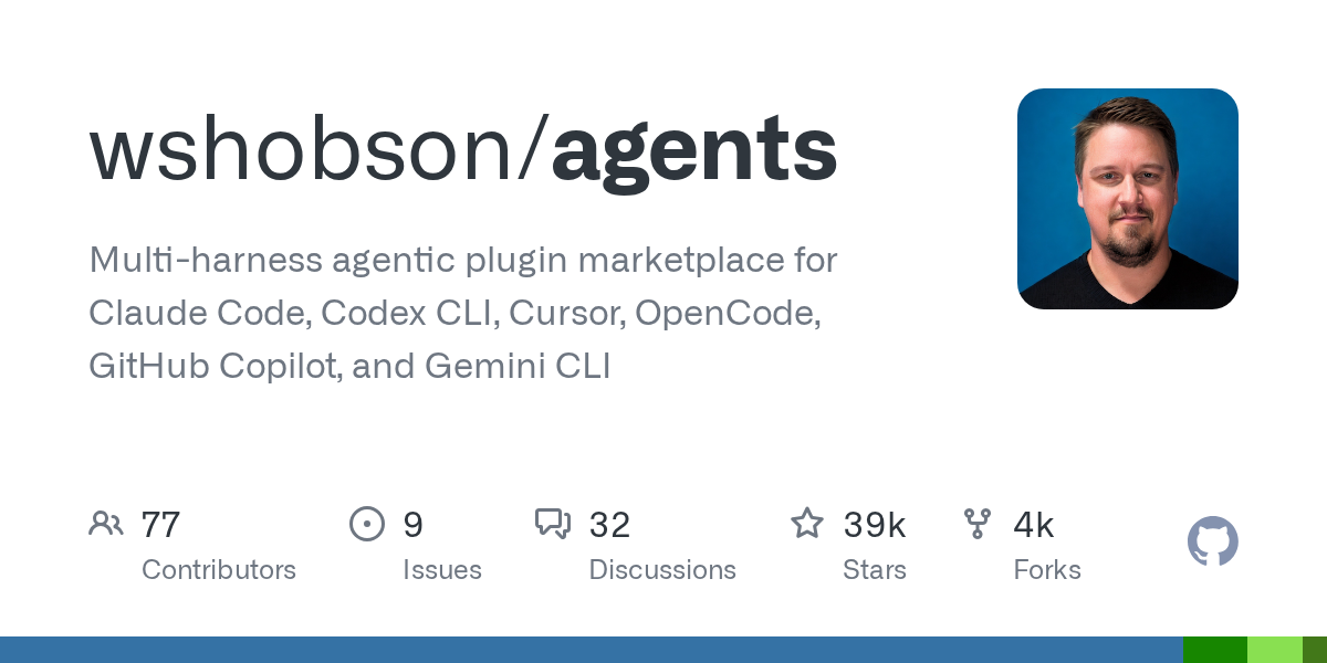 wshobson/agents GitHub 저장소 카드 — 'Claude Code·Codex CLI·Cursor·OpenCode·GitHub Copilot·Gemini CLI를 위한 멀티 하네스 에이전트 플러그인 마켓플레이스', 스타 39k · 포크 4k · 기여자 77명
