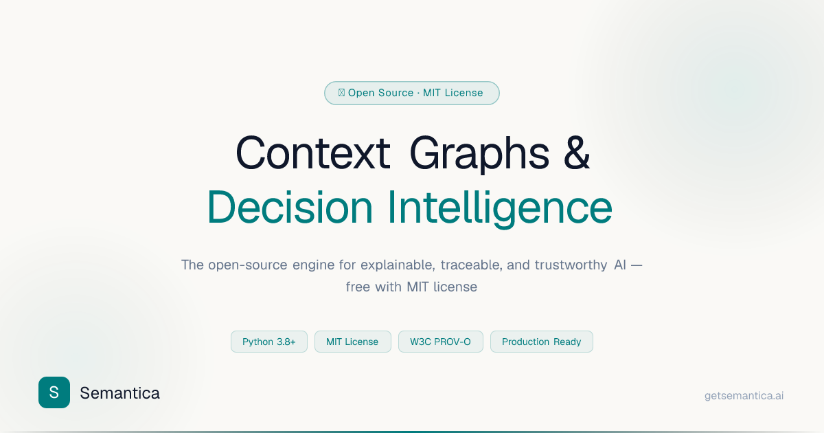Semantica 공식 OG 이미지 — 'Context Graphs & Decision Intelligence', 설명 가능·추적 가능·신뢰 가능한 AI를 위한 오픈소스 엔진 (Python 3.8+ · MIT License · W3C PROV-O · Production Ready)