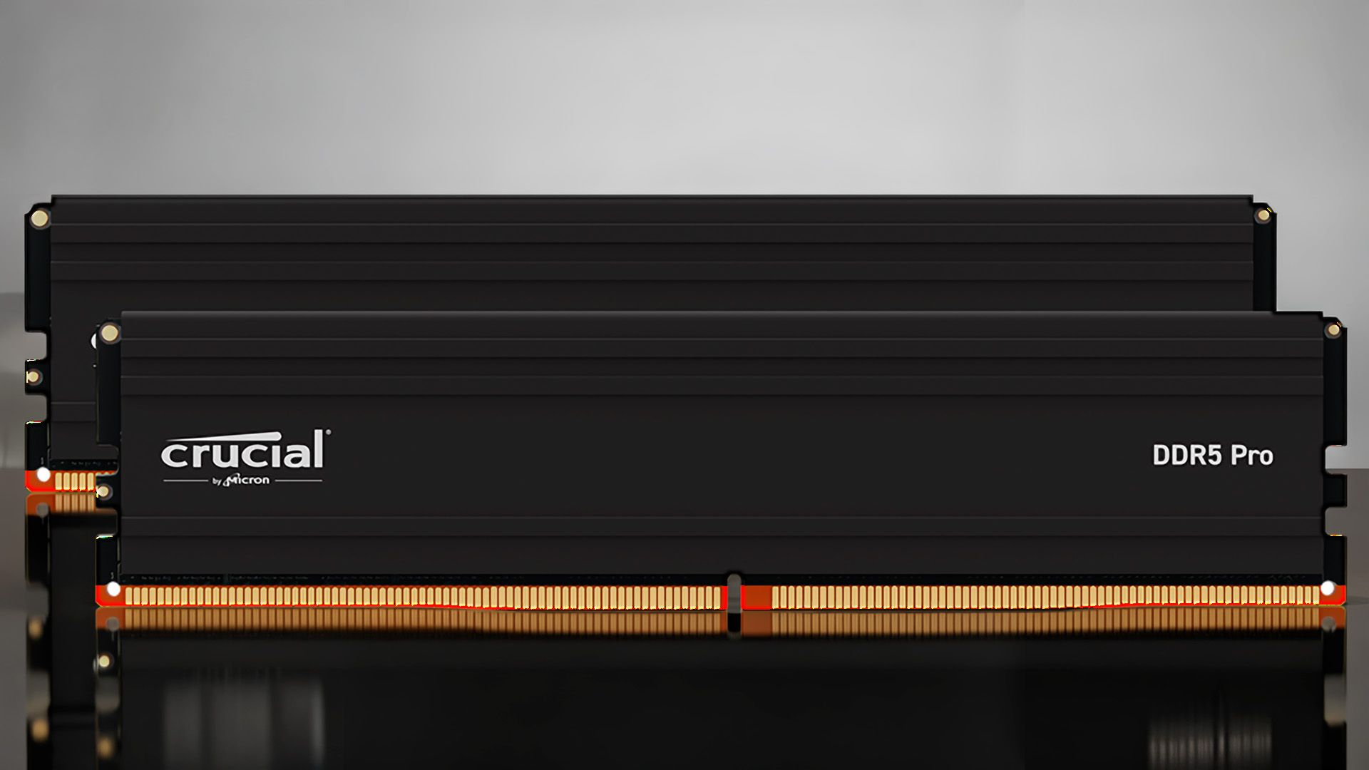 검은 방열판을 씌운 Crucial DDR5 Pro 메모리 모듈 두 개가 나란히 놓인 제품 사진