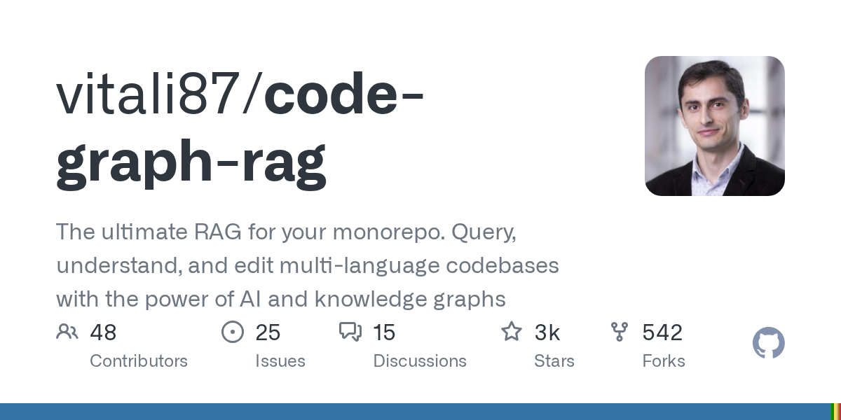 GitHub 저장소 vitali87/code-graph-rag의 오픈그래프 카드 — AI 에이전트용 모노레포 지식그래프 프로젝트