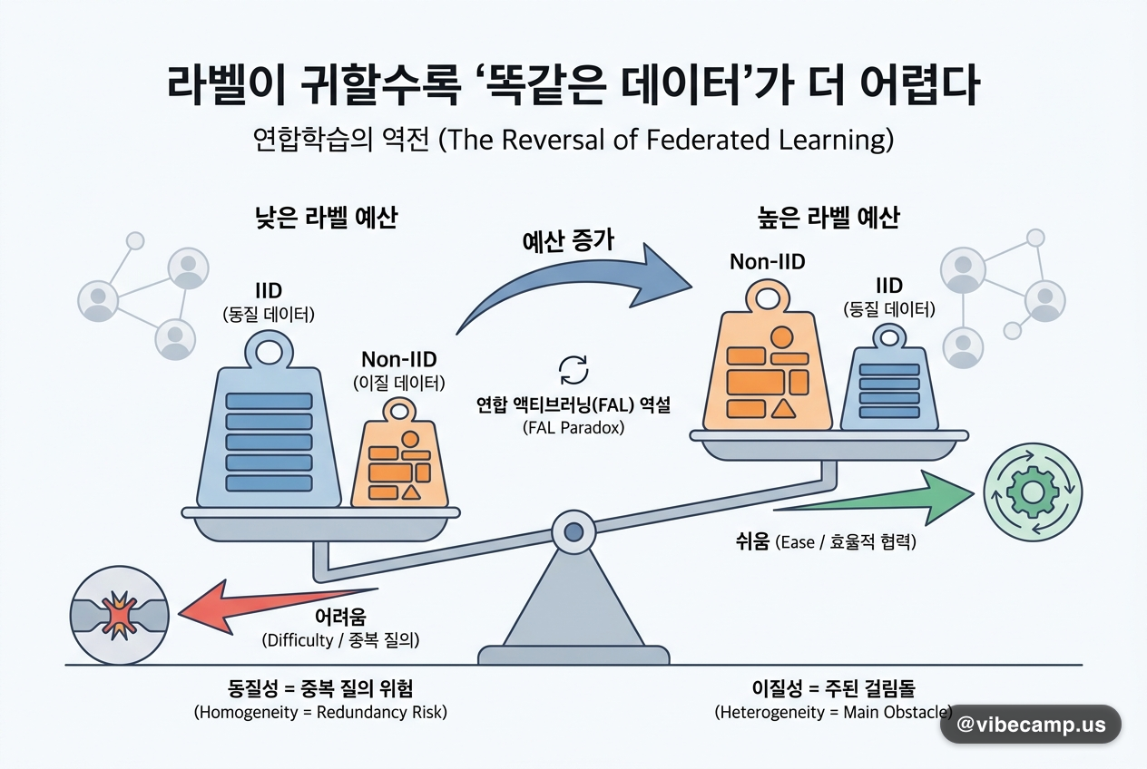 라벨이 귀할수록 '똑같은 데이터'가 더 어렵다는 연합학습의 역전