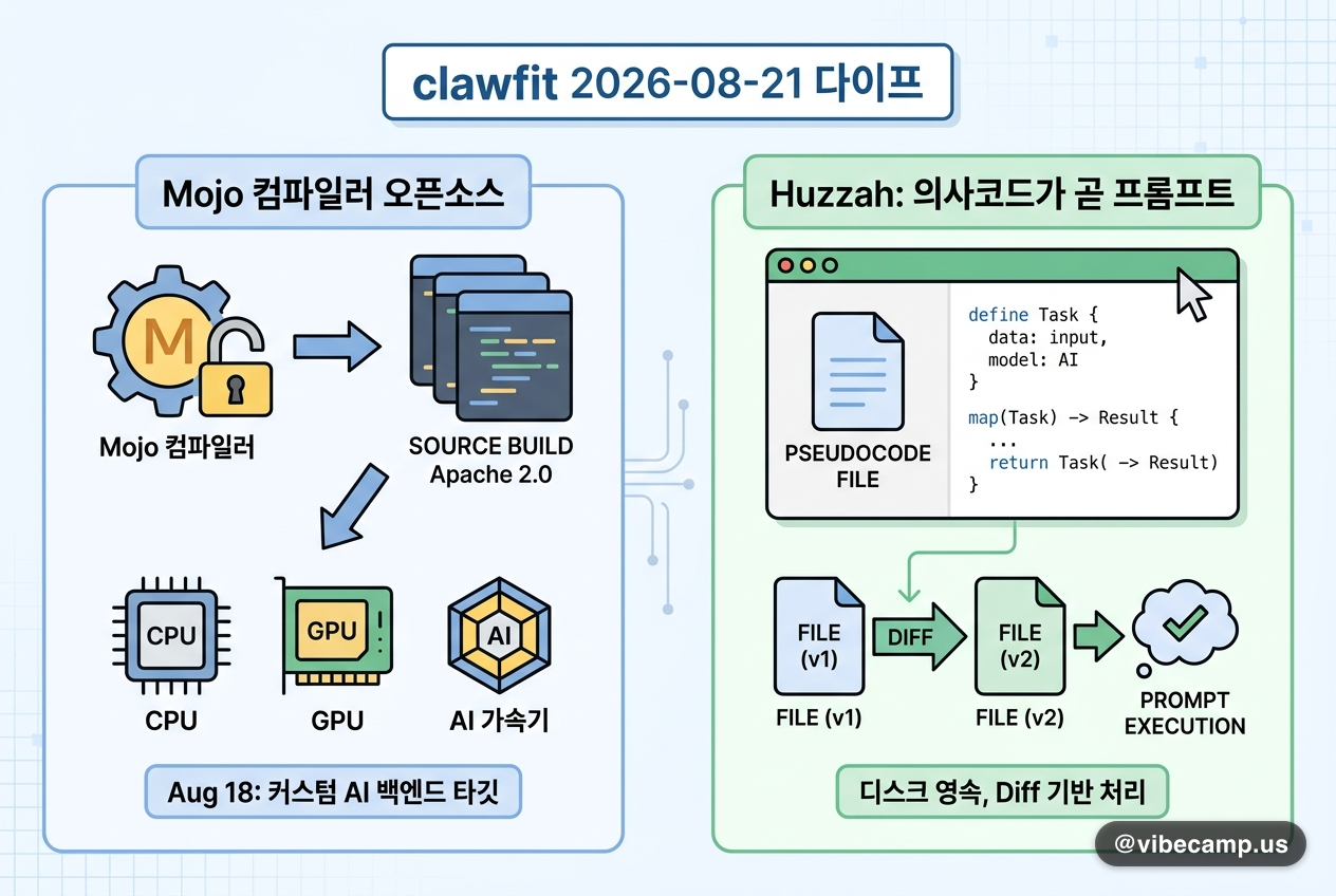 clawfit 2026-08-21 다이프 — Mojo 컴파일러 오픈소스와 "의사코드가 곧 프롬프트"인 에디터