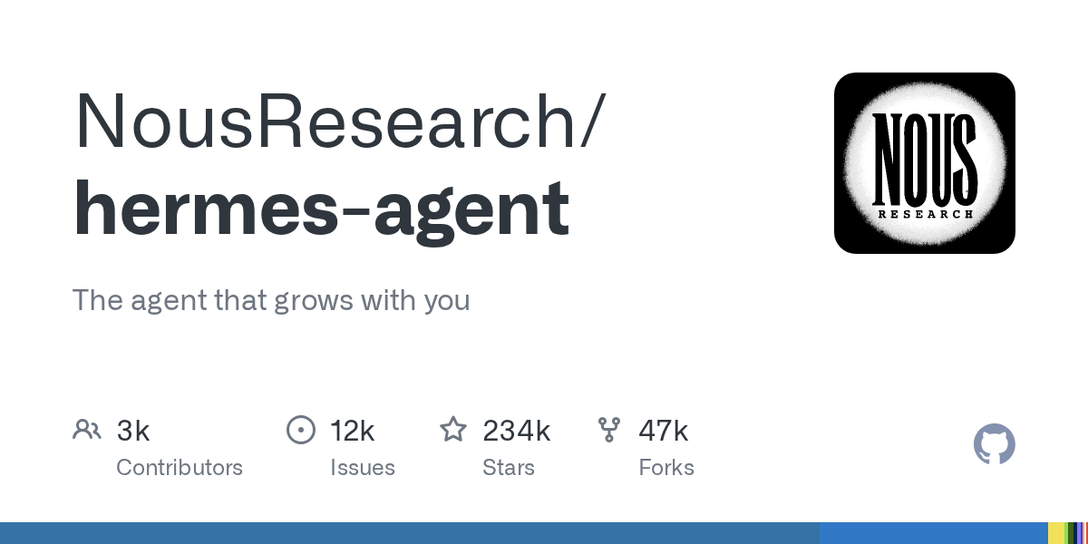 NousResearch/hermes-agent 깃허브 레포 카드 — 'The agent that grows with you' 태그라인과 기여자·스타 통계