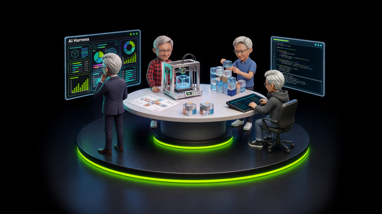 여러 AI 에이전트가 원형 작업대에 둘러앉아 대시보드와 코드 화면을 보며 협업하는 NVIDIA 공식 3D 일러스트