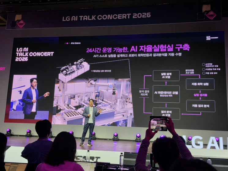 LG AI 톡 콘서트 2026 무대에서 'AI 자율실험실 구축' 슬라이드가 대형 스크린에 표시된 모습