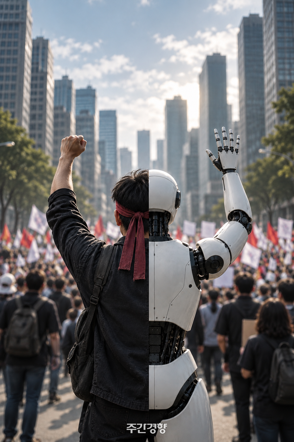 집회 대열 앞에서 주먹을 들어올린 노동자의 뒷모습이 반은 사람, 반은 로봇으로 갈라진 일러스트