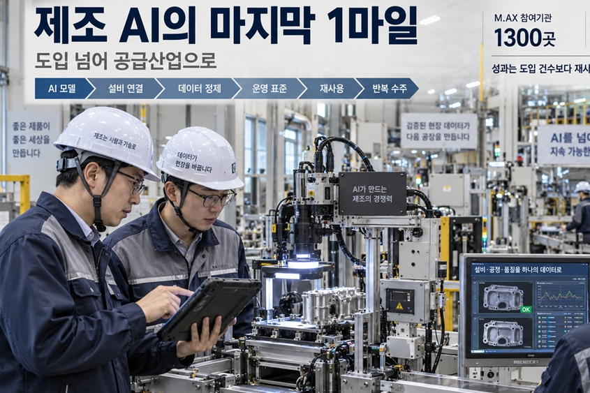 태블릿을 든 엔지니어 두 명이 제조 AI가 적용된 자동화 생산라인 앞에서 설비·공정·품질 데이터를 확인하는 모습