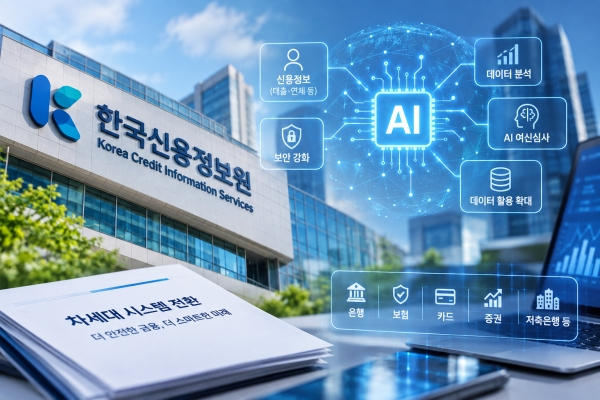 한국신용정보원 건물과 AI 여신심사·데이터 분석·보안 강화 아이콘, 차세대 시스템 전환 문서를 합성한 일러스트