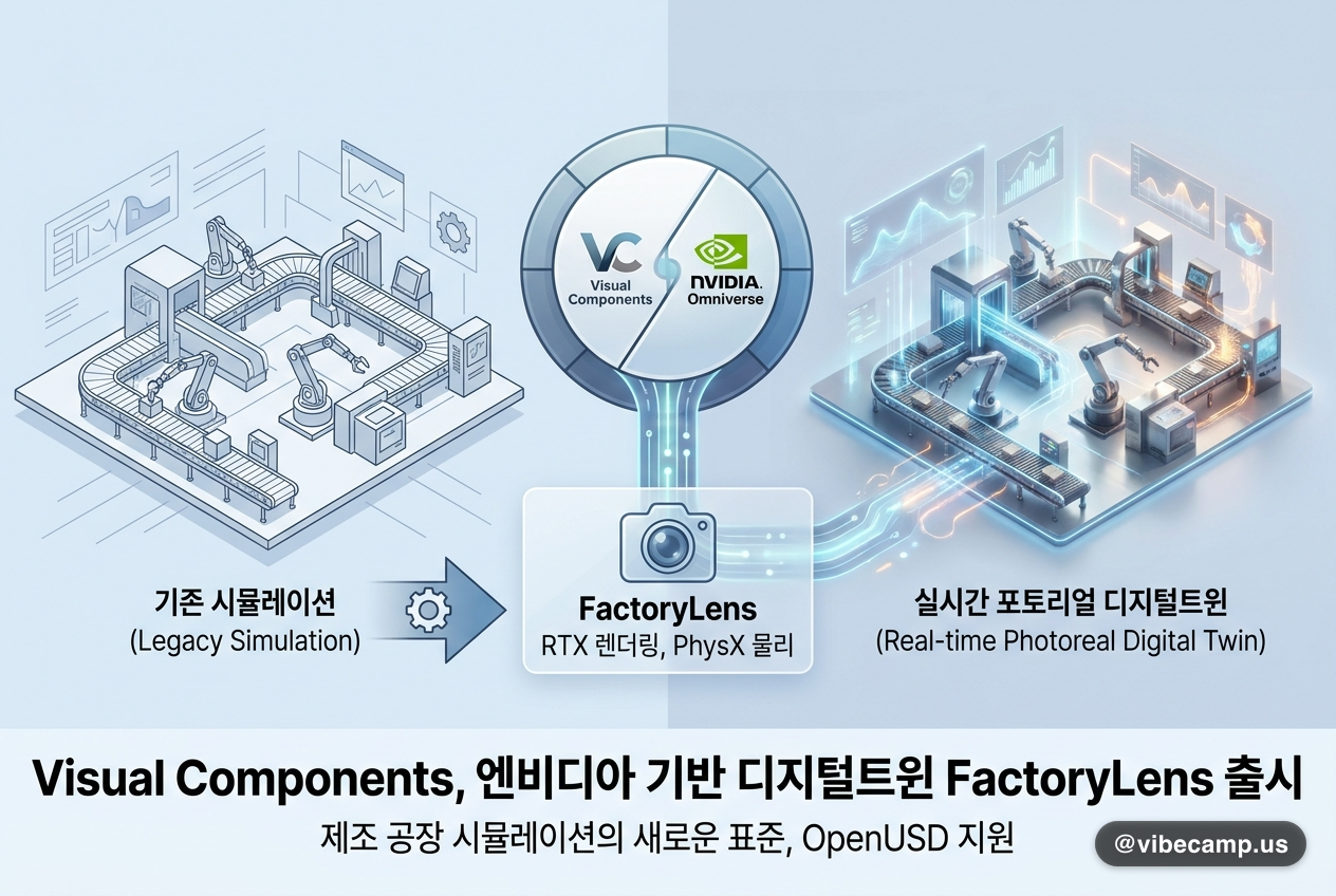 Visual Components 디지털 트윈으로 구현한 공장 레이아웃 3D 와이어프레임 시뮬레이션 화면