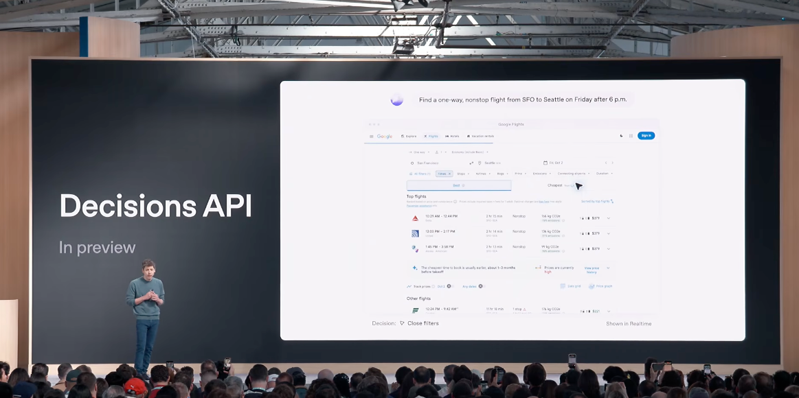 OpenAI 발표 무대 스크린에 표시된 'Decisions API — In preview' 데모 화면