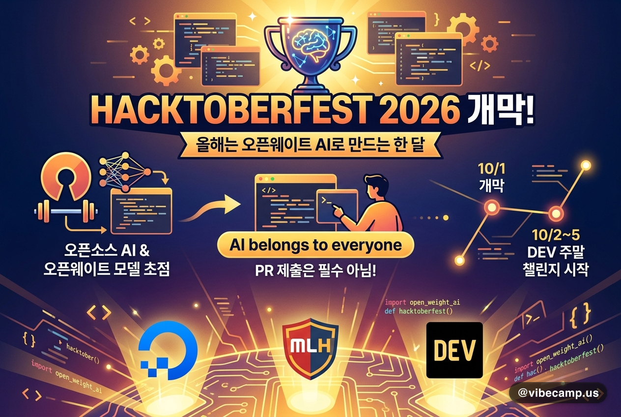 Hacktoberfest 2026 공식 키 비주얼 — 픽셀 패턴의 2026 로고 아트