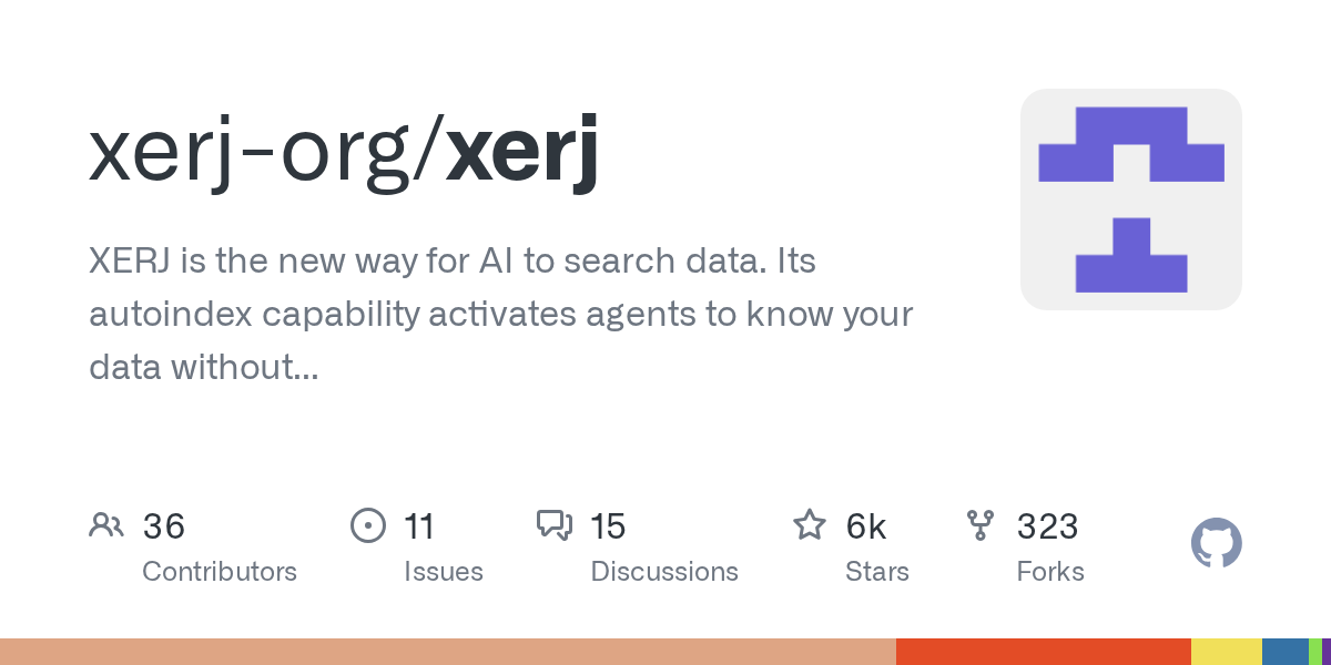 GitHub xerj-org/xerj 저장소 소셜 카드 — 프로젝트 설명과 스타 6k·포크 323 지표