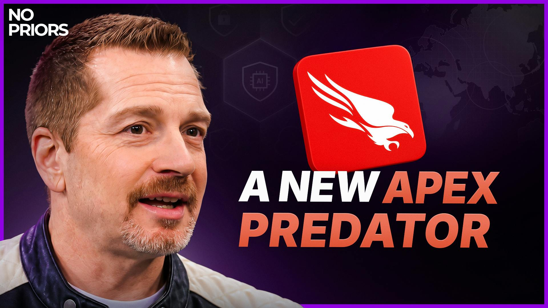 No Priors 팟캐스트 에피소드 아트 — CrowdStrike 로고와 'A NEW APEX PREDATOR' 문구 옆의 CrowdStrike CEO 조지 커츠