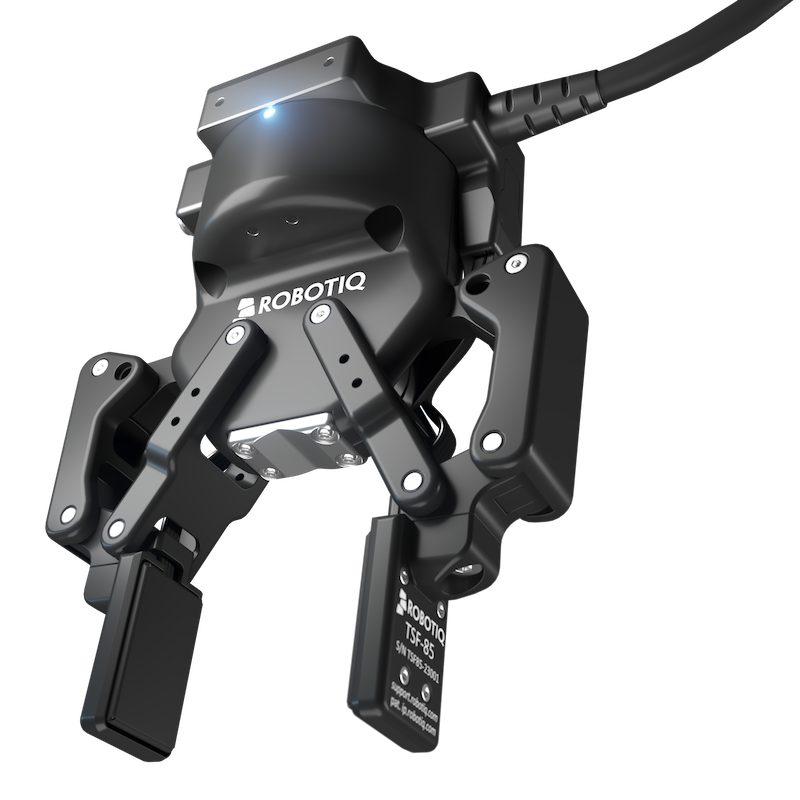 Robotiq 2FC 피지컬 AI 그리퍼 제품 사진 — 검은색 2지 그리퍼와 촉각 센서 핑거